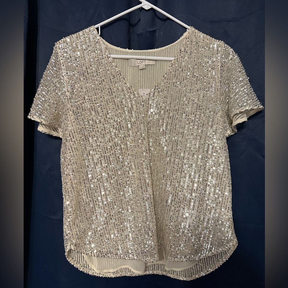 LOFT petite sequin flutter sleeve top